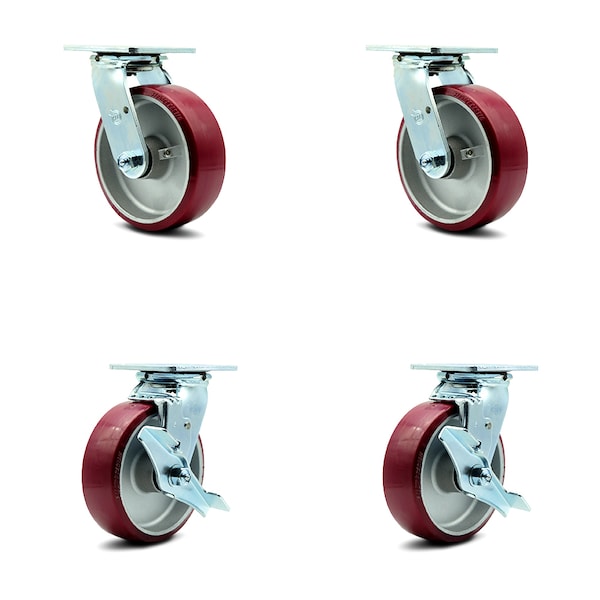 6 Inch Poly on Aluminum Swivel Caster Set with Ball Bearings 2 Brakes SCC
